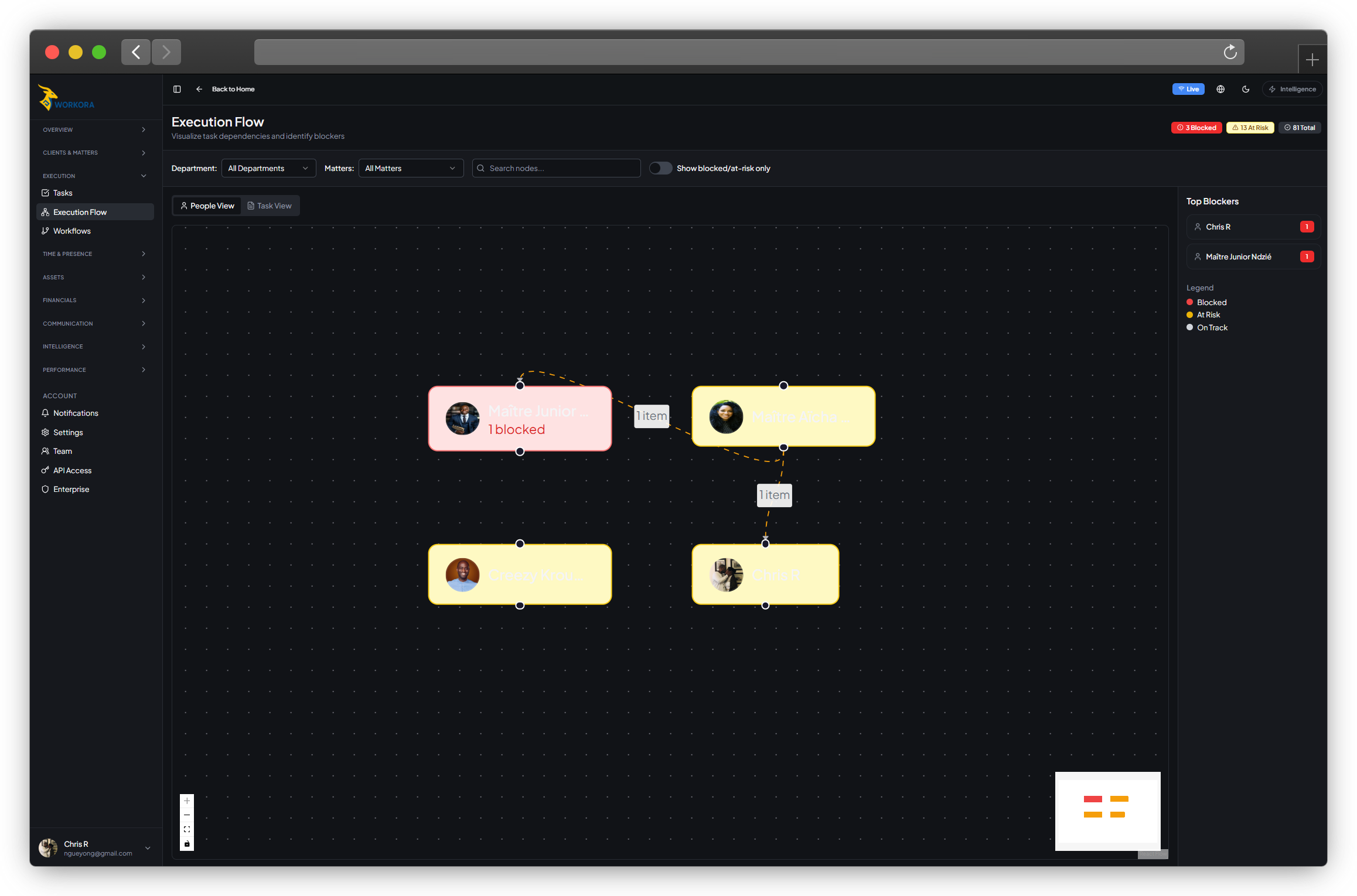 Execution flow; visualizing task dependencies, blockers, and at-risk owners