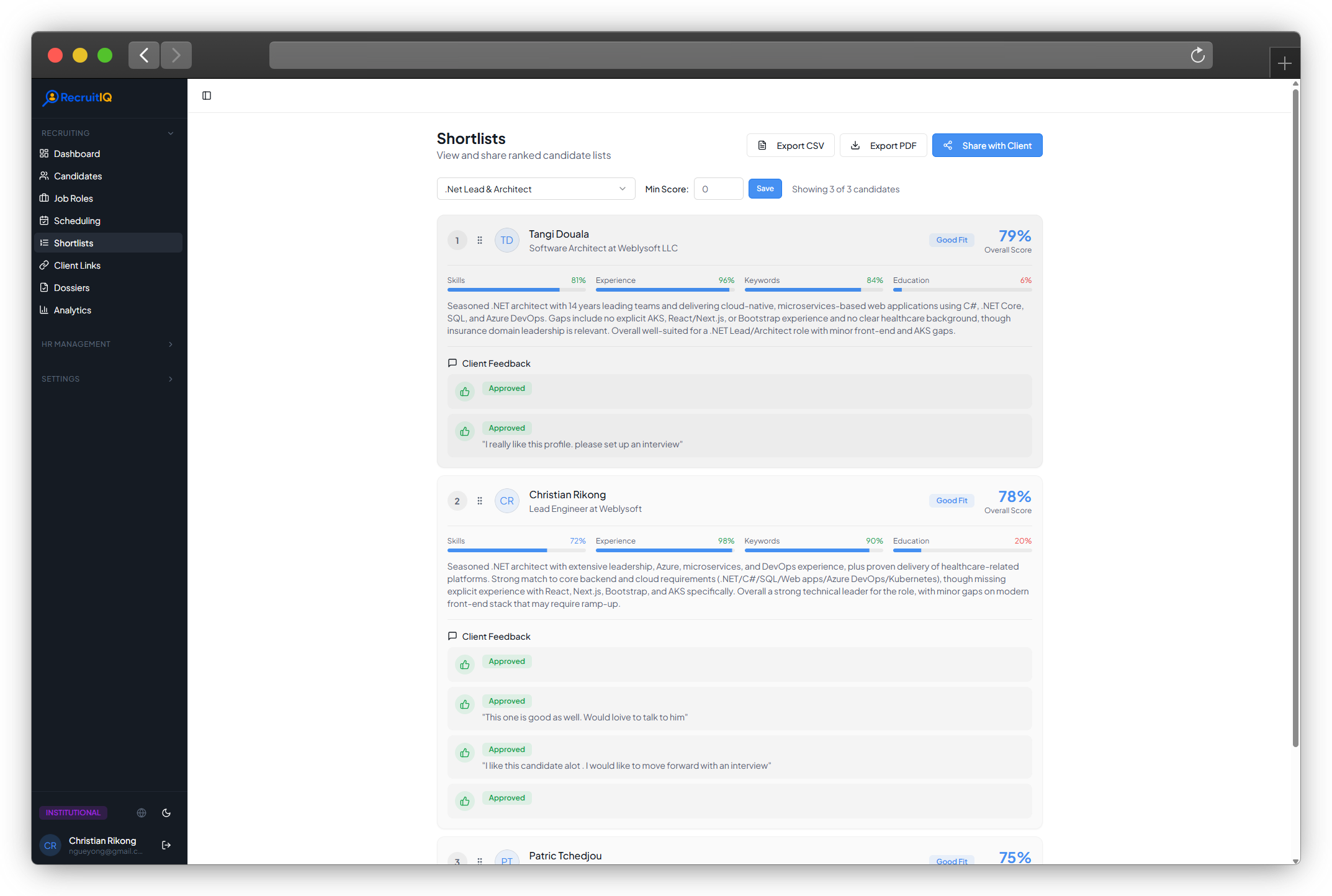 Candidate shortlist; ranked candidates with overall scores, skill fit, experience, and structured client feedback