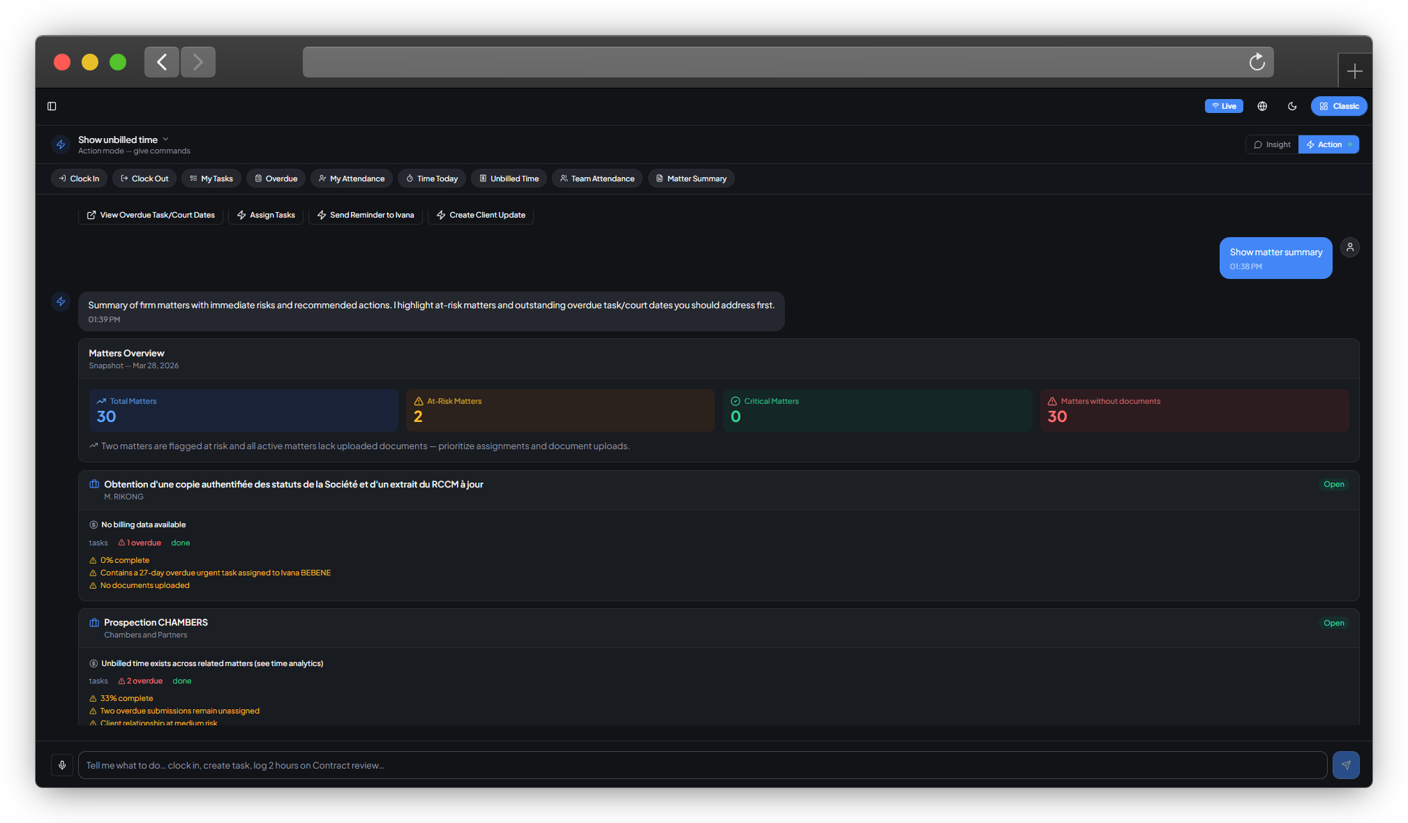 Action mode; matters overview with at-risk matters, critical matters, and actionable matter cards with tasks and recommended actions