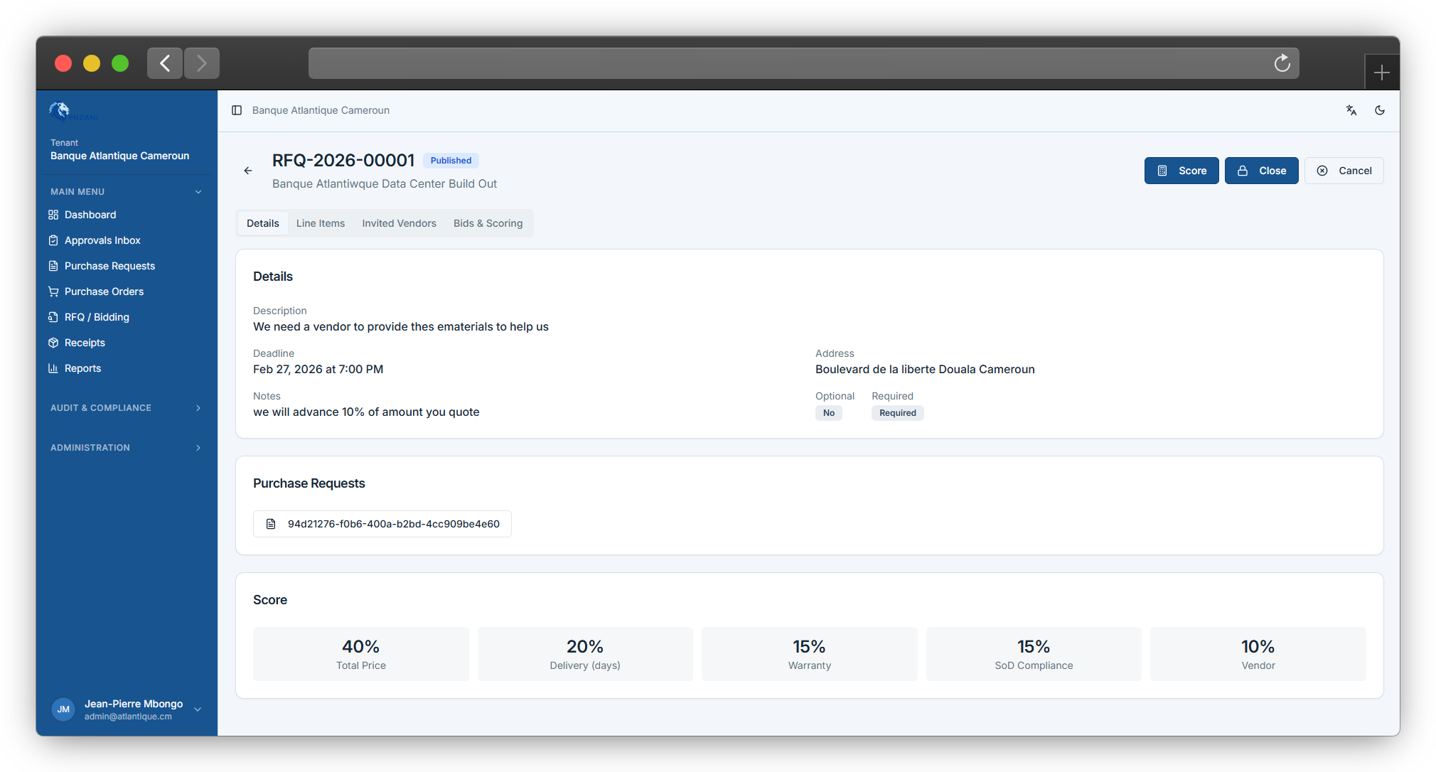 RFQ and vendor scoring; structured bid evaluation with weighted criteria across price, delivery, warranty, compliance, and vendor